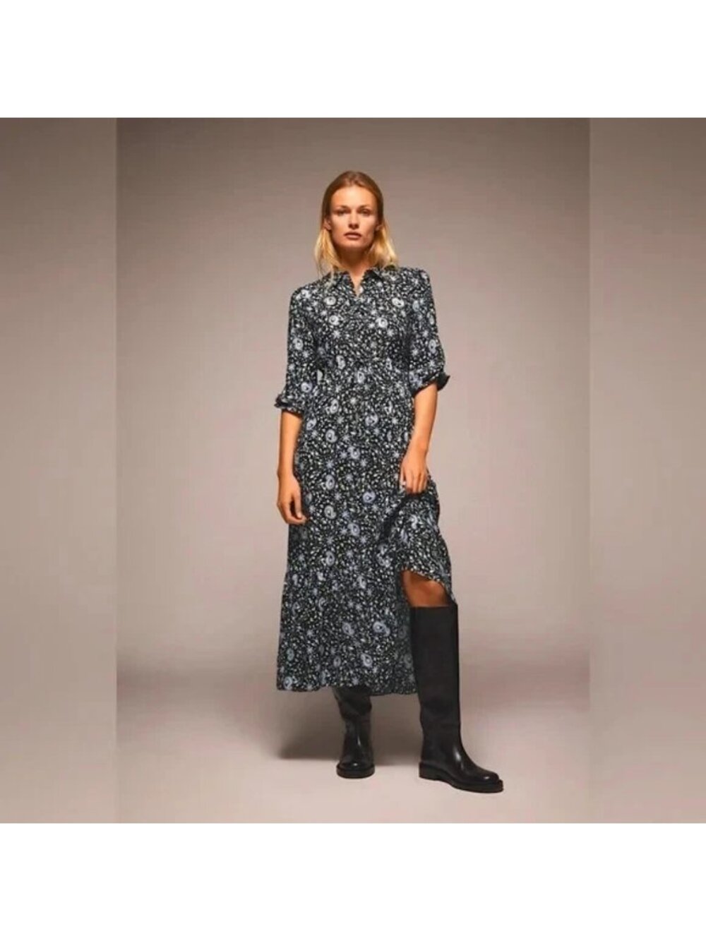 Zara Floral Black & Blue Midi Long Dress 3/4 Sleeve Medium, Tiered Flowing Dress